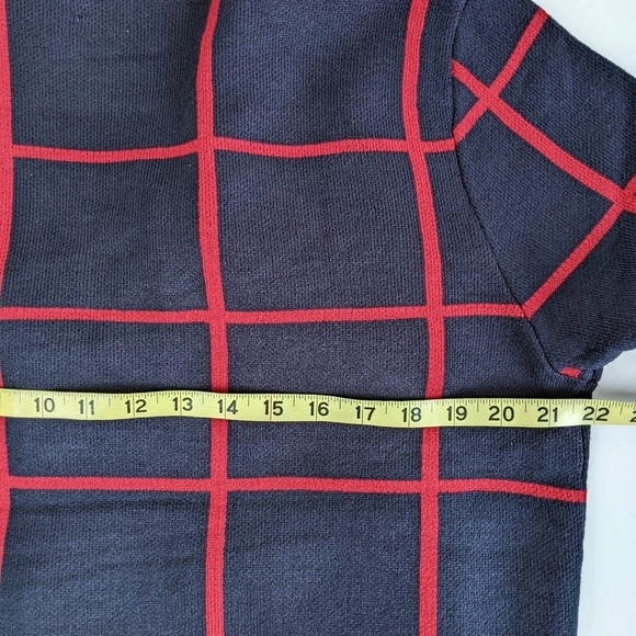 Anne Klein Windowpane Check Open Front Sweater Coat Cardigan Navy Deep Red sz L - Picture 6 of 9